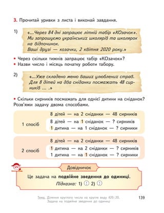 Довідничок
Це задача на подвійне зведення до одиниці.
Підказка: 1) : 2) :
3. Прочитай уривки з  листа і  виконай завдання.
«…Через 84 дні запрацює літній табір «КОзачок».
Ми запрошуємо українських школярів та школярок
на відпочинок.
Ваші друзі  — козачки, 2 квітня 2020 року.»
1)
«…Уже складено меню ваших улюблених страв.
Для 8 дітей на два сніданки посмажать 48 сир-
ників ... .»
2)
• Скільки сирників посмажать для однієї дитини на сніданок?
Розв’яжи задачу двома способами.
• Через скільки тижнів запрацює табір «КОзачок»?
• Назви число і  місяць початку роботи табору.
1 спосіб
8 дітей  — на 2 сніданки  — 48 сирників
8 дітей  — на 1 сніданок  — ? сирників
1 дитина  — на 1 сніданок  — ? сирники
дітей  — на 1 сніданок  — ? сирників
1 дитина  — на 1 сніданок  — ? сирники
2 спосіб
8 дітей  — на 2 сніданки  — 48 сирників
1 дитина  — на 2 сніданки  — ? сирників
1 дитина  — на 1 сніданок  — ? сирники
1 дитина  — на 2 сніданки  — ? сирників
1 дитина  — на 1 сніданок  — ? сирники
139Тема. Ділення круглого числа на кругле виду 420:20.
Задача на подвійне зведення до одиниці
 