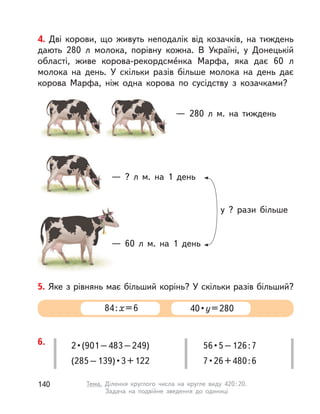 5. Яке з рівнянь має більший корінь? У скільки разів більший?
40•у=28084:х=6
— 280  л м. на тиждень
— ?  л м. на 1 день
— 60  л м. на 1 день
у ? рази більше
4. Дві корови, що живуть неподалік від козачків, на тиждень
дають 280  л молока, порівну кожна. В  Україні, у  Донецькій
області, живе корова-рекордсме́нка Марфа, яка дає 60  л
молока на день. У  скільки разів більше молока на день дає
корова Марфа, ніж одна корова по сусідству з  козачками?
6. 2•(901–483–249)
(285–139)•3+122
56•5–126:7
7•26+480:6
140 Тема. Ділення круглого числа на кругле виду 420:20.
Задача на подвійне зведення до одиниці
 