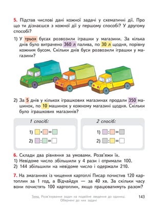 1 спосіб: 2 спосіб:
1) • =
2) : =
1) : =
2) : =
7. На змаганнях із чищення картоплі Писар почистив 120 кар-
топлин за 1 год, а  Відчайдух  — за 40  хв. За скільки часу
вони почистять 100 картоплин, якщо працюватимуть разом?
6. Склади два рівняння за умовами. Розв’яжи їх.
1) Невідоме число збільшили у  4 рази і  отримали 100.
2) 144 збільшили на невідоме число і  одержали 210.
5. Підстав числові дані кожної задачі у  схематичні дії. Про
що ти дізнаєшся з кожної дії у  першому способі? У  другому
способі?
1) У  трьох бусах розвозили іграшки у  магазини. За кілька
днів було витрачено 360 л палива, по 30 л щодня, порівну
кожним бусом. Скільки днів буси розвозили іграшки у  ма-
газини?
трьох бусах розвозили іграшки у  магазини. За кілька
днів було витрачено
трьох бусах розвозили іграшки у  магазини. За кілька
360 л палива, по
трьох бусах розвозили іграшки у  магазини. За кілька
30 л щодня, порівну
2) За 5 днів у кількох іграшкових магазинах продали 350 ма-
шинок, по 10 машинок у кожному магазині щодня. Скільки
було іграшкових магазинів?
5 днів у кількох іграшкових магазинах продали 350 ма-
10 машинок у кожному магазині щодня. Скільки
143Тема. Розв’язування задач на подвійне зведення до одиниці.
Обернені до них задачі
 