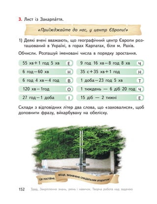 3. Лист із Закарпа́ття.
1) Деякі вчені вважають, що географічний центр Європи роз-
ташований в  Україні, в  горах Карпатах, біля м.  Рахів.
Обчисли. Розташуй іменовані числа в  порядку зростання.
«Приїжджайте до нас, у  центр Європи!»
55  хв+1 год 5  хв Е 9 год 16  хв–8 год 8  хв Ч
6 год–60  хв Н 35 с+35  хв+1 год Н
6 год 4  хв–4 год В 1 доба–23 год 5  хв Т
120  хв–1год О 1 тиждень  — 6 діб 20 год Ч
27 год–1 доба І 15 діб  — 2 тижні Е
Склади з відповідних літер два слова, що «заховалися», щоб
доповнити фразу, ви́карбувану на обеліску.
152 Тема. Закріплення знань, умінь і  навичок. Творча робота над задачею
 