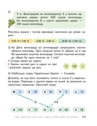 4) Найбільше озеро Українських Карпат  — Синеви́р.
Дізнайся, як іще його називають: почни із числа 2 у верхньо-
му рядку. Переходь з одного рядка на інший за вказаним на
стрілочках правилом. Прочитай назву.
2М
+2•2
124О
30Е
12С
62К
4О
6Р
60О
14Ь
28К
У м. Виноградові на винограднику А  у восьми од-
накових рядах росте 640 кущів винограду.
На  винограднику Б у  шести однакових рядах  —
240  кущів винограду.
Розглянь вирази і  постав відповідні запитання до умови за-
дачі:
2)
640:8+240:6 640:8–240:6 (640:8):(240:6)
3) На День винограду усі виноградарі запрошують охочих
збирати виноград. Троє козачків могли б зібрати за 4 год
60 однакових ящичків винограду. Скільки ящичків виногра-
ду зібрав би один козачок за 1 год?
• Склади вираз до задачі.
• Заміни числові дані в  задачі на такі:
і розв’яжи задачу ще раз. 12 120 2
153Тема. Закріплення знань, умінь і  навичок. Творча робота над задачею
 