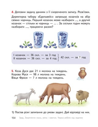 5. Коза Дуся дає 21  л молока на тиждень.
Корова Муся  — 98  л молока на тиждень.
Вівця Фрося  — 7  л молока на тиждень.
1) Постав різні запитання до умови задачі. Дай відповіді на них.
4. Доповни задачу даними з її скороченого запису. Розв’яжи.
Директорка табору «Едельвейс» запрошує козачків на збір
свіжих чорниць. Перший козачок може назбирати …, а другий
козачок — стільки ж чорниць — … . За скільки годин можуть
назбирати …, працюючи разом?
І козачок  — 36 скл.  — за 3 год
ІІ козачок  — 36 скл.  — за 4 год 42 скл.  — за ? год
154 Тема. Закріплення знань, умінь і  навичок. Творча робота над задачею
 