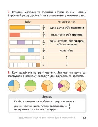 7. Розглянь малюнки та прочитай підписи до них. Запиши
і прочитай решту дробів. Назви знаменники у кожному з них.
Дріб читається так
одна друга або половина
одна третя або третина
одна четверта або чверть,
або четвертина
одна п'ята
?
?
1
2
1
4
?
1
3
1
5
?
8. Круг розділили на рівні частини. Яку частину круга за-
фарбували в  кожному випадку? Дай відповідь за зразком.
Зразок:
Синім кольором зафарбували одну з  чотирьох
рівних частин круга. Отже, зафарбовано 1
4(одну четверту або чверть) круга.
175Тема. Частини. Поділ на рівні частини. Дріб з  чисельником 1
 
