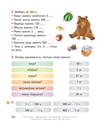 киця? 40 г
олівець? 2  кг
морж? 27  кг
пачка молока? 1  кг
восьмирічна дитина? 1 т
мішок борошна? 50  кг
3. Знайди відповідність. Скільки може важити:
4.
990  кг 1 т1 т 100 ц
100  кг 1 ц 900 г 1  кг
2. Добери:  кг або г .
• Кавун важить приблизно 6 ... .
• Пачка масла важить 200 ... .
• Ведмідь важить 120 ... .
• Яблуко важить 120 ... .
• Мама купила 5 ... рису.
• Плитка шоколаду важить
100 ... .
• Баночка меду важить 850 ... .
• Тигр у  зоопарку їсть 6 ... м'яса
на  день.
кг або г .
200 Тема. Маса. Перетворення та порівняння іменованих чисел,
виражених в  одиницях маси. Дії над ними
 