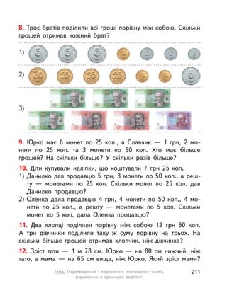 8. Троє братів поділили всі гроші порівну між собою. Скільки
грошей отримав кожний брат?
1)
2)
3)
9. Юрко має 6 монет по 25 коп., а  Славчик  — 1 грн, 2 мо-
нети по 25 коп. та 3 монети по 50 коп. Хто має більше
грошей? На скільки більше? У  скільки разів більше?
10. Діти купували наліпки, що коштували 7 грн 25 коп.
1) Данилко дав продавцю 5 грн, 3 монети по 50 коп., а реш-
ту  — монетами по 25 коп. Скільки монет по 25 коп. дав
Данилко продавцю?
2) Оленка дала продавцю 4 грн, 4 монети по 50 коп., 4 мо-
нети по 25 коп., а  решту  — монетами по 5 коп. Скільки
монет по 5  коп. дала Оленка продавцю?
11. Два хлопці поділили порівну між собою 12 грн 60 коп.
А  три дівчинки поділили таку ж суму порівну на трьох. На
скільки більше грошей отримав хлопчик, ніж дівчинка?
12. Зріст тата  — 1  м 78 см. Юрко  — на 80 см нижчий, ніж
тато, а  мама  — на 65 см вища, ніж Юрко. Який зріст мами?
211Тема. Перетворення і  порівняння іменованих чисел,
виражених в  одиницях вартості
 