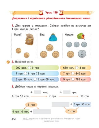 Додавання і  віднімання різнойменних іменованих чисел
Урок 130
2. Виконай усно.
900 коп. 9 грн 680 коп. 8 грн
7 грн 6 грн 75 коп. 7 грн 640 коп.
8 грн 30 коп. 9 грн 09 коп. 9 грн 788 коп.
3. Добери числа в  порожні віконця.
6 грн 50 коп. 7 грн 10 грн
коп.+ грн+
5 грн
4 грн 10 коп. + 5 грн
3 грн 50 коп.+
1. Діти грають у  «магазин». Скільки копійок не вистачає до
1 грн кожній дитині?
Матвій Віта Наталя
212 Тема. Додавання і  віднімання різнойменних іменованих чисел
(додаткова тема)
 