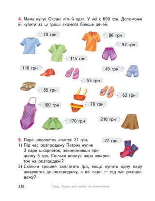 27 грн
4. Мама купує Оксані літній одяг. У  неї є 600 грн. Допоможи
їй купити за ці гроші якомога більше речей.
70 грн
55 грн
62 грн
78 грн
115 грн
85 грн
86 грн
92 грн
49 грн110 грн
210 грн
100 грн
170 грн
5. Пара шкарпеток коштує 27 грн.
1) Під час розпродажу Петрик купив
3  пари шкарпеток, зекономивши при
цьому 6  грн. Скільки коштує пара шкарпе-
ток на розпродажі?
2) Скільки грошей заплатить Іра, якщо купить одну пару
шкарпеток до розпродажу, а  дві пари  — під час розпро-
дажу?
218 Тема. Задачі для майбутніх бізнесменів
 