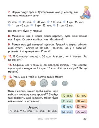70 коп. 83 коп.
19 коп. 90 коп.
45 коп. 93 коп.
64 коп. 95 коп.
Яких і  скільки монет треба взяти, щоб
набрати вказану суму грошей? Знайди
такі варіанти, щоб кількість монет була
найменшою з  можливих.
Зразок:
70 коп. = 50 коп.+10 коп.+10 коп.
Які монети були у  Марка?
8. Михайлик має 6 монет різної вартості, сума яких менша
ніж 1 грн. Скільки копійок має Михайлик?
9. Роман має дві паперові купюри. Грошей є якраз стільки,
щоб купити наліпку за 60 коп. і  свисток, що у  4 рази до-
рожчий. Які купюри має Роман?
10. В  Олиному гаманці є 55 коп. А  всього  — 4 монети. Які
це монети?
11. Софійка має у  гаманці дві паперові купюри і  три монети,
що в  сумі складають 25 грн 37 коп. Які це купюри? Які це
монети?
12. Уяви, що в  тебе є багато таких монет:
25 коп. 35 коп. 60 коп. 110 коп. 1 грн 15 коп.
1 грн 40 коп. 1 грн 42 коп. 2 грн 42 коп.
7. Марко рахує гроші. Докладаючи кожну монету, він
називає одержану суму:
221Тема. Підбір грошей
 