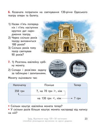 6. Козачата потрапили на святкування 130-річчя Одеського
театру опери та балету.
1) Назви п’ять поперед-
ніх і  п’ять наступних
круглих дат наро-
дження театру.
2) Через скільки років
театру виповниться
180  років?
3) Скільки років тому
театр святкував
90  років?
7. 1) Розглянь ювілейну сріб-
ну монету.
2) Склади і  розв'яжи задачу
за таблицею і запитаннями.
Монету оцінювали так:
Напочатку
350 грн
Пізніше
?, на 70 грн >, ніж
на 130 грн <, ніж
Тепер
? грн
• Скільки коштує ювілейна монета тепер?
• У  скільки разів більше коштує монета насправді від напису
на ній?
23Тема. Віднімання виду 120–50 частинами:
способом розкладання від'ємника на зручні доданки
 