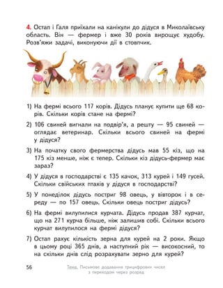 4. Остап і Галя приїхали на канікули до дідуся в Миколаївську
область. Він  — фермер і  вже 30 років вирощує худобу.
Розв’яжи задачі, виконуючи дії в  стовпчик.
1) На фермі всього 117 корів. Дідусь планує купити ще 68 ко-
рів. Скільки корів стане на фермі?
2) 106 свиней вигнали на подвір’я, а  решту  — 95 свиней  —
оглядає ветеринар. Скільки всього свиней на фермі
у  дідуся?
3) На початку свого фермерства дідусь мав 55 кіз, що на
175 кіз менше, ніж є тепер. Скільки кіз дідусь-фермер має
зараз?
4) У дідуся в господарстві є 135 качок, 313 курей і 149 гусей.
Скільки свійських птахів у  дідуся в господарстві?
5) У  понеділок дідусь постриг 98 овець, у  вівторок і  в се-
реду  — по 157 овець. Скільки овець постриг дідусь?
6) На фермі вилупилися курчата. Дідусь продав 387 курчат,
що на 271 курча більше, ніж залишив собі. Скільки всього
курчат вилупилося на фермі дідуся?
7) Остап рахує кількість зерна для курей на 2 роки. Якщо
в  цьому році 365 днів, а  наступний рік  — високосний, то
на скільки днів слід розрахувати зерно для курей?
56 Тема. Письмове додавання трицифрових чисел
з  переходом через розряд
 