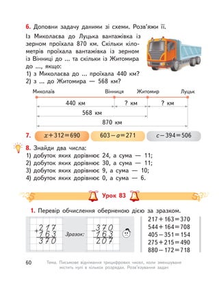 6. Доповни задачу даними зі схеми. Розв’яжи її.
Із Миколаєва до Луцька вантажівка із
зерном проїхала 870  км. Скільки кіло-
метрів проїхала вантажівка із зерном
із  Вінниці до … та скільки із  Житомира
до …, якщо:
1) з  Миколаєва до … проїхала 440  км?
2) з  … до Житомира  — 568  км?
Миколаїв Вінниця Житомир Луцьк
?  км?  км440  км
568  км
870  км
8. Знайди два числа:
1) добуток яких дорівнює 24, а  сума  — 11;
2) добуток яких дорівнює 30, а  сума  — 11;
3) добуток яких дорівнює 9, а  сума  — 10;
4) добуток яких дорівнює 0, а  сума  — 6.
Урок 83
1. Перевір обчислення оберненою дією за зразком.
217+163=370
544+164=708
405–351=154
275+215=490
880–172=718
Зразок:
х+312=690 603–а=271 с–394=5067.
60 Тема. Письмове віднімання трицифрових чисел, коли зменшуване
містить нулі в  кількох розрядах. Розв’язування задач
 