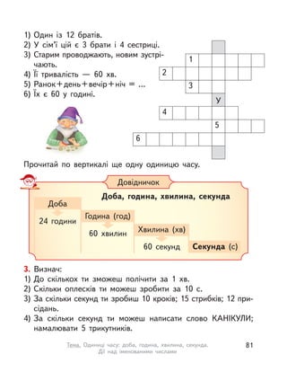 1) Один із 12 братів.
2) У  сім’ї цій є 3 брати і  4 сестриці.
3) Старим проводжають, новим зустрі-
чають.
4) Її тривалість  — 60  хв.
5) Ранок+день+вечір+ніч = …
6) Їх є 60 у  годині.
Прочитай по вертикалі ще одну одиницю часу.
1
2
3
4
5
6
У
Довідничок
Доба, година, хвилина, секунда
Хвилина (хв)
Секунда (с)
60 хвилин
60 секунд
Година (год)
24 години
Доба
3. Визнач:
1) До скількох ти зможеш полічити за 1  хв.
2) Скільки оплесків ти можеш зробити за 10 с.
3) За скільки секунд ти зробиш 10 кроків; 15 стрибків; 12 при-
сідань.
4) За скільки секунд ти можеш написати слово КАНІКУЛИ;
намалювати 5 трикутників.
81Тема. Одиниці часу: доба, година, хвилина, секунда.
Дії над іменованими числами
 