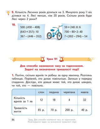 9. Кількість Лесиних років ділиться на 3. Минулого року її вік
ділився на 4. Лесі менше, ніж 20 років. Скільки років буде
Лесі через 2 роки?
10.
500:(458–408)
(643+257):10
367–(446–352)
59+240:8:6
700–80•2:40
7•(302–294)–54
Два способи називання часу за годинником.
Задачі  на визначення тривалості події
Урок 91
1. Полічи, скільки вдихів ти робиш за одну хвилину. Розглянь
таблицю. Порівняй, хто дихає повільніше. Запиши у  порядку
спадання. Досліди, хто довше живе: той, хто дихає швидко,
чи той, хто  — повільно.
Кількість
вдихів за 1  хв
Тривалість
життя
слон людина черепаха мавпа
12 18 4 32
85 р. 70 р. 200 р. 40 р.
86 Тема. Два способи називання часу за годинником.
Розв’язування задач на визначення тривалості події
 