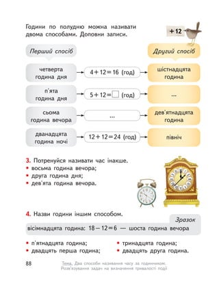Години по полудню можна називати
двома способами. Доповни записи.
4+12=16 (год)четверта
година дня
шістнадцята
година
...сьома
година вечора
дев'ятнадцята
година
12+12=24 (год)дванадцята
година ночі
північ
5+12= (год)
п'ята
година дня
...
Перший спосіб Другий спосіб
+12
3. Потренуйся називати час інакше.
• восьма година вечора;
• друга година дня;
• дев'ята година вечора.
4. Назви години іншим способом.
• п'ятнадцята година; • тринадцята година;
• двадцять перша година; • двадцять друга година.
Зразок
вісімнадцята година: 18–12=6  — шоста година вечора
88 Тема. Два способи називання часу за годинником.
Розв’язування задач на визначення тривалості події
 