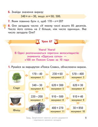 6. Знайди значення виразу:
340+m–30, якщо m=50; 500.
7. Яким повинно бути n, щоб 170–n=20?
8. Оля загадала число: «У моєму числі всього 85 десятків.
Число його сотень на 2 більше, ніж число одиниць». Яке
число загадала Оля?
1. Рухайся за маршрутом «Пояса Слави», обчислюючи вирази.
монумент 1
170–40
монумент 9
910+40
монумент 8
910–500
монумент 6
340–30
монумент 7
220–200
монумент 2
230+60
монумент 10
30+850
монумент 5
620+300
монумент 3
570–400
монумент 11
400+270
монумент 4
620+30
Урок 67
Увага! Увага!
В Одесі розпочинаються перегони велосипедистів:
знаменита «Одеська сотка» —
«100  км Поясом Слави за 10 год»
Старт
Фініш
9Тема. Закріплення навичок усного додавання
і віднімання вивчених випадків
 