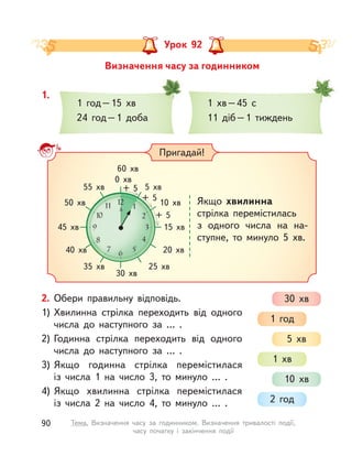 Визначення часу за годинником
Урок 92
1.
1 год–15 хв
24 год–1 доба
1  хв–45 с
11 діб–1 тиждень
Пригадай!
Якщо хвилинна
стрілка перемістилась
з одного числа на на-
ступне, то минуло 5  хв.
0 хв
60 хв
5 хв55 хв
10 хв50 хв
15 хв45 хв
20 хв
25 хв
30 хв
35 хв
40 хв
+ 5
+ 5
+ 5
2. Обери правильну відповідь.
1) Хвилинна стрілка переходить від одного
числа до наступного за … .
2) Годинна стрілка переходить від одного
числа до наступного за … .
3) Якщо годинна стрілка перемістилася
із  числа 1 на число 3, то минуло … .
4) Якщо хвилинна стрілка перемістилася
із  числа 2 на число 4, то минуло … .
30 хв
1 год
5 хв
1 хв
10 хв
2 год
90 Тема. Визначення часу за годинником. Визначення тривалості події,
часу початку і  закінчення події
 