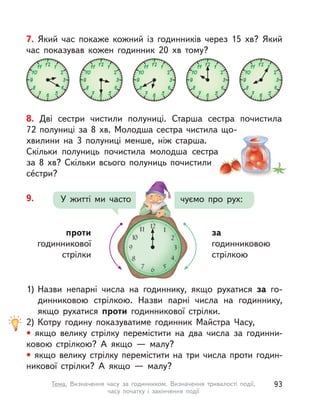 8. Дві сестри чистили полуниці. Старша сестра почистила
72 полуниці за 8 хв. Молодша сестра чистила що-
хвилини на 3 полуниці менше, ніж старша.
Скільки полуниць почистила молодша сестра
за 8  хв? Скільки всього полуниць почистили
се́стри?
7. Який час покаже кожний із годинників через 15  хв? Який
час показував кожен годинник 20  хв тому?
1) Назви непарні числа на годиннику, якщо рухатися за го-
динниковою стрілкою. Назви парні числа на годиннику,
якщо рухатися проти годинникової стрілки.
2) Котру годину показуватиме годинник Майстра Часу,
• якщо велику стрілку перемістити на два числа за годинни-
ковою стрілкою? А  якщо  — малу?
• якщо велику стрілку перемістити на три числа проти годин-
никової стрілки? А  якщо  — малу?
9.
за
годинниковою
стрілкою
проти
годинникової
стрілки
У житті ми часто чуємо про рух:
93Тема. Визначення часу за годинником. Визначення тривалості події,
часу початку і  закінчення події
 