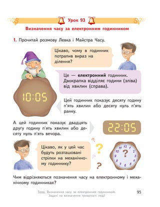 Урок 93
Визначення часу за електронним годинником
Чим відрізняються позначення часу на електронному і  меха-
нічному годинниках?
1. Прочитай розмову Левка і  Майстра Часу.
Цікаво, чому в  годинник
потрапив вираз на
ділення?
Це  — електронний годинник.
Двокрапка відділяє години (зліва)
від хвилин (справа).
Цей годинник показує десяту годину
п’ять хвилин або десяту нуль п’ять
ранку.
А цей годинник показує двадцять
другу годину п'ять хвилин або де-
сяту нуль п'ять вечора.
Цікаво, як у  цей час
будуть розташовані
стрілки на механічно-
му годиннику?
95Тема. Визначення часу за електронним годинником.
Задачі на визначення тривалості події
 