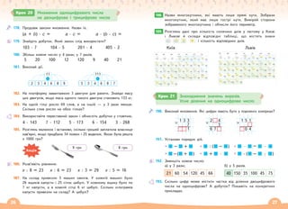 26 27
Крок 20 Множення одноцифрового числа
на двоцифрове і трицифрове числа
178. Продовж закони множення. Назви їх.
(a + b) · c = a · c = a · (b · c) =
179. Знайдіть добуток. Який закон слід використати?
103 · 7 104 · 5 201 · 4 405 · 2
180. Збільш кожне число у 4 рази; у 7 разів.
5 20 100 12 120 9 40 21
181. Виконай дії.
2 3 4 6 8 9
·
11
5 3 4 6 8 7
·
111
182. На платформу завантажили 3 двигуни для ракети. Знайди масу
цих двигунів, якщо маса одного такого двигуна становить 133 кг.
183. На одній гілці росло 69 слив, а на іншій — у 3 рази менше.
Скільки слив росло на обох гілках?
184. Використайте переставний закон і обчисліть добутки у стовпчик.
4 · 143 7 · 112 5 · 173 6 · 154 3 · 268
185. Розглянь малюнок і встанови, скільки грошей заплатила власниця
кав’ярні, якщо придбала 34 ложки і 25 виделок. Якою була решта
з 1000 грн?
8 грн
9 грн
186. Розв’яжіть рівняння.
x : 8 = 23 x : 6 = 23 x : 3 = 29 x : 5 = 16
187. На склад привезли 5 машин овочів. У кожній машині було
26 ящиків капусти і 25 сіток цибулі. У кожному ящику було по
7 кг капусти, а в кожній сітці 6 кг цибулі. Скільки кілограмів
капусти привезли на склад? А цибулі?
Акція
188. Назви многокутники, які мають лише прямі кути. Зобрази
многокутник, який має лише гострі кути. Виміряй сторони
зображеного многокутника і обчисли його периметр.
189. Розглянь дані про кількість сонячних днів у лютому у Києві
і Львові й склади відповідні таблиці, що містять знаки
і кількість відповідних днів.
Київ Львів
188.
189.
190. Виконай множення. Які цифри мають бути у порожніх комірках?
1 3 3
× 7
1
2 4
× 3
6 7
1 5 1
×
0 4
191. Установи порядок дій.
– +
– + )
( + ·
: – )
( · – ·
· – : )
(
192. Зменшіть кожне число:
а) у 3 рази; б) у 5 разів.
40 150 35 100 45 75
21 60 54 120 45 66
193. Скільки цифр може містити частка від ділення двоцифрового
числа на одноцифрове? А добуток? Покажіть на конкретних
прикладах.
Крок 21 Знаходження значень виразів.
Усне ділення на одноцифрове число
 