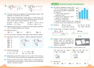 34 35
5 3 2 4 6
– 3 0 5 4
2 4 24 : 6 = 4
6 3 2 4 6
– 3 0 5 4
2 4
– 2 4
0
6 · 4 = 24
238. Установи правильну послідовність дій розв’язування задачі і дай
відповідь на запитання. Яка дія зайва?
Мама зліпила 36 вареників, старша дочка у 3 рази менше, ніж
мама, а менша дочка зліпила на 18 вареників менше, ніж мама.
Яка з дочок зліпила менше вареників і на скільки?
а) 36 в. – 18 в. = 18 в.;
б) 36 в. : 3 = 12 в.;
в) 18 в. – 12 в. = 6 в.;
г) 36 в. : 18 в. = 2.
239. Периметр шестикутника, усі сторони якого рівні відрізки, дорівнює
276 см. Знайди довжину його сторони.
240. Виконай ділення.
192 : 4 268 : 4 395 : 5 588 : 6
241. Які кути можуть утворитися при перетині двох прямих? Зобрази.
242. Виконайте ділення за зразком і зробіть перевірку множенням.
315 : 3
642 : 6
828 : 4
728 : 7
535 : 5
921 : 3
243. Розв’яжіть рівняння.
3 · x – 17 = 19 x · 7 + 39 = 109
x : 8 – 2 = 17 72 : x + 13 = 16
244. Дизайнерка купила 30 м шовку по а грн за метр і 50 м ситцю по
b грн за метр. Скільки грн заплатила дизайнерка за всю покупку?
245. На одне дитяче плаття йде n метрів ситцю, а на одну блузку m
метрів шовку. Скільки блузок і скільки дитячих плать можна буде
пошити з куплених тканин?
2 1 4 2
– 2 1 0 7
1 4
– 1 4
0
8 3 6 4
– 8 2 0 9
3 6
– 3 6
0
246. На діаграмі зображено кількість учнів
1, 2, 3 і 4 класів однієї з початкових
шкіл. Розглянь діаграму і дай відповідь
на запитання:
1. У яких класах навчається
найменше учнів?
2. Скільки учнів навчається в третіх
класах? А в четвертих?
3. На скільки менше учнів
навчається в других класах, ніж у четвертих?
4. Скільки всього учнів навчається у цій школі?
247. Порівняй.
248. Склади задачі за схемами і розв’яжи їх.
125 кг 30 кг
50 кг ?
126 грн
6 шт
?
249. Квадрат, сторона якого дорівнює а,
зігнули двічі, як показано на
малюнку. У скільки разів периметр
утвореного квадрата менший, ніж
периметр заданого?
250. Розглянь різні способи множення і поясни кожен із них.
43 · 20 = 43 · 2 · 10 =
= 86 · 10 = 860
340 · 2 = 34 · 10 · 2 =
= 68 · 10 = 680
4 3
× 2 0
8 6 0
3 4 0
× 2
6 8 0
251. Виконай дії.
23 · 30 86 · 7 180 · 3 93 · 5 69 · 7
23 см і 2 дм 3 м 12 см і 31 дм
4 см 2 мм і 42 мм 1 м 1 дм і 101 см
Крок 26 Математичні задачі та дослідження
80
60
40
20
0
1 2 3 4 Класи
 
