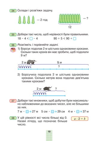 10
34 Склади і розв’яжи задачу.
— 2 год
— ?
12
35 Добери такі числа, щоб нерівності були правильними.
18 – 4  – 4 90 + 5  90 +
36 Розв’яжіть і порівняйте задачі.
1) Борсук подолав 2 м шістьма однаковими кроками.
Скільки таких кроків він має зробити, щоб подолати
9 м?
2 м 9 м
?
2) Борсучиха подолала 2 м шістьма однаковими
кроками. Скільки метрів вона подолає дев’ятьма
такими кроками?
2 м ?
37 Добери такі множники, щоб добутки були максималь-
но наближеними до вказаних чисел, але не більшими
за них.
7 м • 27 м 5 см • 29 см 4 м • 37 м
38 У цій рівності всі числа більші від 0.
Назви літеру, що позначає більше
число.
a : 2 = b
 