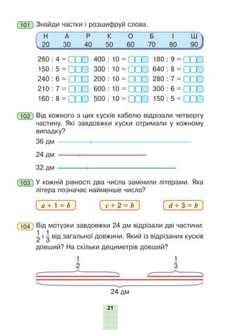 21
101 	Знайди частки і розшифруй слова.
Н
20
А
30
Р
40
К
50
О
60
Б
70
І
80
Ш
90
280 : 4 =
150 : 5 =
240 : 6 =
210 : 7 =
160 : 8 =
400 : 10 =
300 : 10 =
200 : 10 =
600 : 10 =
500 : 10 =
180 : 9 =
640 : 8 =
280 : 7 =
300 : 6 =
150 : 5 =
102 	Від кожного з цих кусків кабелю відрізали четверту
частину. Які завдовжки куски отримали у кожному
випадку?
36 дм
24 дм
32 дм
103 	У кожній рівності два числа замінили літерами. Яка
літера позначає найменше число?
	 a + 1 = b d + 3 = b
c + 2 = b
104 	Від мотузки завдовжки 24 дм відрізали дві частини:
1
2
і
1
3
від загальної довжини. Який із відрізаних кусків
довший? На скільки дециметрів довший?
24 дм
1
2
1
3
 
