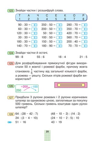 25
123 	Знайди частки і розшифруй слова.
Т
1
А
2
Ч
3
С
4
Е
5
К
6
О
7
Р
8
90 : 30 =
60 : 30 =
120 : 30 =
30 : 30 =
180 : 30 =
140 : 70 =
350 : 50 =
200 : 50 =
50 : 50 =
100 : 50 =
150 : 50 =
180 : 90 =
280 : 70 =
350 : 70 =
420 : 70 =
560 : 70 =
200 : 40 =
70 : 70 =
124 	Знайди частки й остачі.
99 : 8 55 : 6 18 : 4 21 : 5
125 	Для розфарбовування прямокутної фігури викори-
стали 50 л жовтої і рожевої фарби, причому жовта
становила
1
5
частину від загальної кількості фарби,
а рожева — решту. Скільки літрів рожевої фарби ви-
користали?
250
+200 –100
126
127 	Придбали 3 рулони рожевих і 2 рулони коричневих
шпалер за однаковою ціною, заплативши за покупку
500 гривень. Cкільки гривень коштував один рулон
шпалер?
128 	64 : (38 – 42 : 7)		 (48 – 10 • 2) : (14 : 2)
24 : (3 • 4 – 10) (24 – 10 • 2 : 5) : 10
51 • 16 	 43 • 19
 