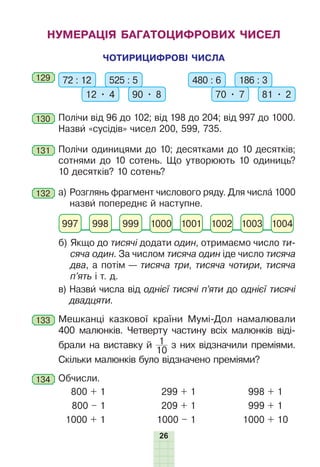 26
НУМЕРАЦІЯ БАГАТОЦИФРОВИХ ЧИСЕЛ
ЧОТИРИЦИФРОВІ ЧИСЛА
129 	 72 : 12 525 : 5
12 • 4 90 • 8
480 : 6 186 : 3
70 • 7 81 • 2
130 	Полічи від 96 до 102; від 198 до 204; від 997 до 1000.
	Назви «сусідів» чисел 200, 599, 735.
131 	Полічи одиницями до 10; десятками до 10 десятків;
сотнями до 10 сотень. Що утворюють 10 одиниць?
10 десятків? 10 сотень?
132 	а) Розглянь фрагмент числового ряду. Для числа 1000
назви попереднє й наступне.
997 998 1000 1002 1004
999 1001 1003
	 б) Якщо до тисячі додати один, отримаємо число ти-
сяча один. За числом тисяча один іде число тисяча
два, а потім — тисяча три, тисяча чотири, тисяча
п’ять і т. д.
	 в) Назви числа від однієї тисячі п’яти до однієї тисячі
двад­цяти.
133 	Мешканці казкової країни Мумі-Дол намалювали
400 малюнків. Четверту частину всіх малюнків віді-
брали на виставку й 1
10
з них відзначили преміями.
Скільки малюнків було відзначено преміями?
134 	Обчисли.
800 + 1
800 – 1
1000 + 1
299 + 1
209 + 1
1000 – 1
998 + 1
999 + 1
1000 + 10
 