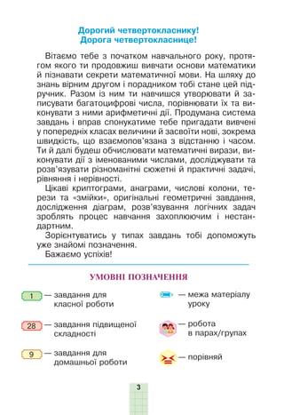 3
УМОВНІ ПОЗНАЧЕННЯ
— çàâäàííÿ äëÿ
êëàñíî¿ ðîáîòè
— çàâäàííÿ підвищеної
складності
— çàâäàííÿ для
домашньої роботи
1
9
28 — робота
в парах/групах
— 
межа матеріалу
уроку
— порівняй
Дорогий четвертокласнику!
Дорога четвертокласнице!
Вітаємо тебе з початком навчального року, протя-
гом якого ти продовжиш вивчати основи математики
й пізнавати секрети математичної мови. На шляху до
знань вірним другом і порадником тобі стане цей під-
ручник. Разом із ним ти навчишся утворювати й за-
писувати багатоцифрові числа, порівнювати їх та ви-
конувати з ними арифметичні дії. Продумана система
завдань і вправ спонукатиме тебе пригадати вивчені
у попередніх класах величини й засвоїти нові, зокрема
швидкість, що взаємопов’язана з відстанню і часом.
Ти й далі будеш обчислювати математичні вирази, ви-
конувати дії з іменованими числами, досліджувати та
розв’язувати різноманітні сюжетні й практичні задачі,
рівняння і нерівності.
Цікаві криптограми, анаграми, числові колони, те-
рези та «змійки», оригінальні геометричні завдання,
дослідження діаграм, розв’язування логічних задач
зроблять процес навчання захоплюючим і нестан-
дартним.
Зорієнтуватись у типах завдань тобі допоможуть
уже знайомі позначення.
Бажаємо успіхів!
 