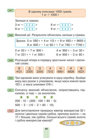 45
247 	
В одному кілограмі 1000 грамів.
1 кг = 1000 г
Запиши в грамах.
3 кг = г	 6 кг = г
9 кг = г	 8 кг = г
248 	Виконай дії. Результати обчислень запиши у грамах.
	
Зразок. 5 кг 580 г + 4 кг 113 г = 9 кг 693 г = 9693 г
8 кг 800 г – 1 кг 60 г = 7 кг 740 г = 7740 г
2 кг 50 г + 7 кг 900 г	 4 кг 950 г – 3 кг 30 г
7 кг 231 г + 1 кг 500 г	 6 кг 800 г – 2 кг 80 г
249 	Розташуй літери в порядку зростання чисел і прочи-
тай слово.
В
4121
Д
2305
О
2350
А
7312
Н
6901
И
6828
Ж
4221
250 	Три однакові вази упакували в одну коробку. Знайди
масу ваз разом з упаковкою, якщо маса кожної вази
153 г, а маса упаковки 216 г.
251 	Спочатку виконай обчислення, скориставшись під-
казкою, а то­
ді — за аналогією.
4 5 1 3 2
200 : 10 – (200 : 100 + 80 • 0)
500 • 2 – (10 • 2 + 60 • 10)
252 	Для виготовлення прикраси ювелір використав 32 г
золота і де­
кілька грамів срібла, причому золота — на
17 г більше, ніж срібла. Скільки всього грамів золота
і срібла використав ювелір?
 