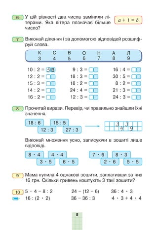 5
6 	У цій рівності два числа замінили лі-
терами. Яка літера позначає більше
число?
7 	Виконай ділення і за допомогою відповідей розшиф-
руй слова.
К
3
С
4
В
5
О
6
Н
7
А
8
Л
9
10 : 2 = В
12 : 2 =
15 : 3 =
14 : 2 =
16 : 2 =
9 : 3 =
18 : 3 =
18 : 2 =
24 : 4 =
12 : 3 =
16 : 4 =
30 : 5 =
8 : 2 =
21 : 3 =
24 : 3 =
8 	Прочитай вирази. Перевір, чи правильно знайшли їхні
значення.
18 : 6 15 : 5
12 : 3 27 : 3
	 Виконай множення усно, записуючи в зошиті лише
відповіді.
8 • 4 4 • 4
3 • 5 6 • 5
7 • 6 8 • 3
2 • 6 5 • 5
9 	Мама купила 4 однакові зошити, заплативши за них
16 грн. Скільки гривень коштують 3 такі зошити?
10 	5 • 4 – 8 : 2	 24 – (12 – 6)	 36 : 4 • 3
	 16 : (2 • 2)	 36 – 36 : 3	 4 • 3 + 4 • 4
a + 1 = b
 
