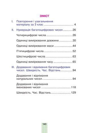 143
ЗМІСТ
I.	
Повторення і узагальнення
матеріалу за 3 клас................................... 4
II.	
Нумерація багатоцифрових чисел............26
Чотирицифрові числа...............................26
Одиниці вимірювання довжини.................30
Одиниці вимірювання маси......................44
П’ятицифрові числа..................................52
Шестицифрові числа................................63
Одиниці вимірювання часу.......................65
III.	
Додавання і віднімання багатоцифрових
чисел. Швидкість. Час. Відстань...............94
Додавання і віднімання
натуральних чисел....................................94
Додавання і віднімання
іменованих чисел...................................118
Швидкість. Час. Відстань........................129
 