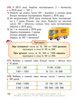 276. У  2013 році Україна експортувала 3 т  молюсків,
а  в  2016  році  — 347 т.
1) Округли до сотень число 347 і  дізнайся, у  скільки разів
більше молюсків експортувала Україна у  2016 році.
2) За результатами 2016 року молюсків було експортова-
но  у  7  разів більше, ніж сала. Округли до десятків
число  347 і  обчисли, скільки тонн сала експортувала
Україна у  2016  році.
3) За 1 кг молюсків у  2016 році
Україна отримувала 1 долар.
Скільки доларів отримала
Україна за 347  т молюсків?
Пригадай!
При множенні числа на 10, 100 чи 1 000 допиши
відповідно в  кінці 0, 00 чи 000.
При діленні числа на 10, 100 чи 1 000 відкинь
відповідно в  кінці 0, 00 чи 000.
277. Вибери з  кожної пари більше число і  збільш його
у  10  разів.
8 140 і  8 200
16 175 і  16 098
817 і  907
1 901 і  1 001
278. Вибери з  кожної пари менше число і  зменш його
у  100  разів.
29 100 і  29 700
100 000 і  200 000
4 000 і  5 000
3 300 і  2 200
108 Тема. Закріплення вмінь порівнювати багатоцифрові числа.
Множення і  ділення на 10, 100, 1 000. Творча робота над задачею
 