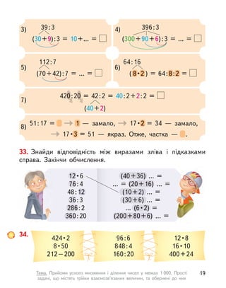 12 • 6
76:4
48:12
36:3
286:2
360:20
76
12
36:
286
360
(40+36) ... =
... = (20+16) ... =
(10+2) ... =
(30+6) ... =
...  (6 • 2)  =
(200+80+6) ... =
(40+36)
... = (20+16)
(10+2) .
(30+6)
...  (6 • 2) 
(200+80+6)
(200+80+6)
3) 39:3
(30+9):3 = 10+... =
4) 396:3
(300+90+6):3 = ... =
5)
112:7
(70+42):7 = ... =
6)
64:16
( 8 • 2 ) = 64:8:2 =
8 • 
8 • 2 ) = 64:8:
8:2 =
7)
420:20 = 42:2 = 40:2+2:2 =
0:2
0:2
0:20 = 42:2 =
0 = 42:2 =
0 = 42:2 =
(40+2)
8)
51:17 = 1  — замало, 17 • 2 = 34  — замало,
1  — замало, 17 • 2 = 34  — замало,
17 • 3 = 51  — якраз. Отже, частка  — .
17 • 3 = 51  — якраз. Отже, частка  — .
34.
424 • 2
8 • 50
212–200
96:6
848:4
160:20
12 • 8
16 • 10
400+24
12 • 6
33. Знайди відповідність між виразами зліва і  підказками
справа. Закінчи обчислення.
19
Тема. Прийоми усного множення і  ділення чисел у  межах 1 000. Прості
задачі, що містять трійки взаємозв’язаних величин, та обернені до них
 