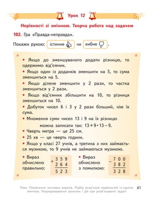 Урок 12
Нерівності зі змінною. Творча робота над задачею
• Якщо до зменшуваного додати різницю, то
одержимо від’ємник.
• Якщо один із доданків зменшити на 5, то сума
зменшиться на 5.
• Якщо ділене зменшити у  2 рази, то частка
зменшиться у  2 рази.
• Якщо від’ємник збільшити на 10, то різниця
зменшиться на 10.
• Добуток чисел 6 і  3 у  2 рази більший, ніж їх
сума.
• Множення суми чисел 13 і  9 на їх різницю
можна  записати  так:  13 + 9 • 13 – 9.
• Чверть метра  — це 25 см.
• 25 хв  — це чверть години.
• Якщо у  класі 27 учнів, а  третина з  них займаєть-
ся музикою, то 9 учнів не займаються музикою.
102. Гра «Правда-неправда».
Покажи рукою: істинне чи хибне .
3
2
+
5
6
9
4
5 2 3
7
3
–
0
8
0
2
3 2 8
• Вираз
обчислено
правильно:
• Вираз
обчислено
з  помилкою:
41
Тема. Порівняння числових виразів. Підбір розв’язків нерівностей із однією
змінною. Упорядковування запитань і  дій при розв’язуванні задачі
 
