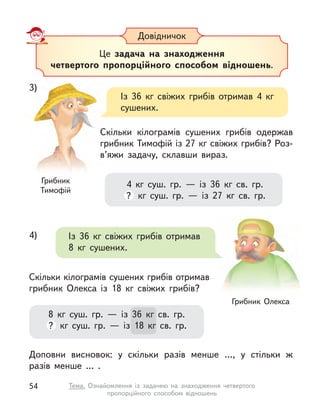 Довідничок
Це задача на знаходження
четвертого пропорційного способом відношень.
3)
Із 36 кг свіжих грибів отримав 4 кг
сушених.
4 кг суш. гр.  — із 36 кг св. гр.
? кг суш. гр.  — із 27 кг св. гр.
Скільки кілограмів сушених грибів одержав
грибник Тимофій із 27 кг свіжих грибів? Роз-
в’яжи задачу, склавши вираз.
Грибник
Тимофій
8 кг суш. гр.  — із 36 кг св. гр.
? кг суш. гр.  — із 18 кг св. гр.
4) Із 36 кг свіжих грибів отримав
8 кг сушених.
Скільки кілограмів сушених грибів отримав
грибник Олекса із 18 кг свіжих грибів?
Доповни висновок: у  скільки разів менше …, у  стільки  ж
разів менше … .
Грибник Олекса
54 Тема. Ознайомлення із  задачею на знаходження четвертого
пропорційного способом відношень
 