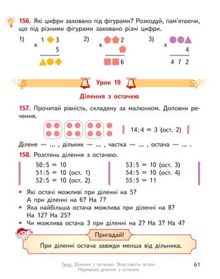 156. Які цифри заховано під фігурами? Розкодуй, пам'ятаючи,
що під різними фігурами заховано різні цифри.
1) 1
х
3
5
2)
х
2
6
3)
х
4
4 7 2
Урок 19
Ділення з  остачею
14 
: 
4 = 3 (ост. 2)
157. Прочитай рівність, складену за малюнком. Доповни ре­
чення.
Ділене  — … , дільник  — … , частка  — … , остача  — … .
158. Розглянь ділення з  остачею.
•	 Які остачі можливі при діленні на 5?
А при діленні на 6? На 7?
• 	Яка найбільша остача можлива при діленні на 8?
На 12? На 25?
• 	Чи можлива остача 3 при діленні на 2? На 3? На 4?
50 : 5 = 10
51 
: 
5 = 10 (ост. 1)
52 
: 
5 = 10 (ост. 2)
53 
: 
5 = 10 (ост. 3)
54 
: 
5 = 10 (ост. 4)
55 : 5 = 11
Пригадай!
При діленні остача завжди менша від дільника.
61
Тема. Ділення з  остачею. Властивість остачі.
Перевірка ділення з  остачею
 