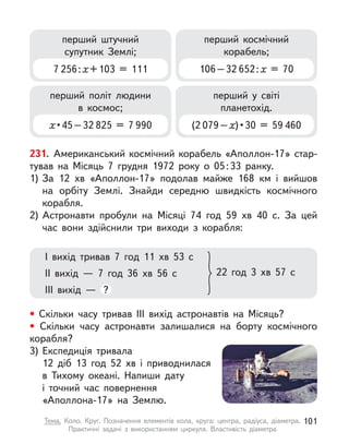 231. Американський космічний корабель «Аполлон-17» стар-
тував на Місяць 7 грудня 1972 року о  05 
: 
33 ранку.
1)	За 12 хв «Аполлон-17» подолав майже 168 км і  вийшов
на орбіту Землі. Знайди середню швидкість космічного
корабля.
2)	Астронавти пробули на Місяці 74 год 59 хв 40 с. За цей
час вони здійснили три виходи з  корабля:
• Скільки часу тривав ІІІ вихід астронавтів на Місяць?
• Скільки часу астронавти залишалися на борту космічного
корабля?
3)	Експедиція тривала
12 діб 13 год 52 хв і  приводнилася
в  Тихому океані. Напиши дату
і  точний час повернення
«Аполлона-17» на Землю.
І вихід тривав 7 год 11 хв 53 с 
ІІ вихід  — 7 год 36 хв 56 с
ІІІ вихід  — ?
22 год 3 хв 57 с
перший штучний
супутник Землі;
7 256 : х + 103 = 111
перший космічний
корабель;
106 – 32 652 : х = 70
перший політ людини
в  космос;
х • 45 – 32 825 = 7 990
перший у  світі
планетохід.
(2 079 – х) • 30 = 59 460
101
Тема. Коло. Круг. Позначення елементів кола, круга: центра, радіуса, діаметра.
Практичні задачі з  використанням циркуля. Властивість діаметра
 
