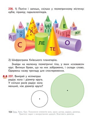 237. Виміряй у  міліметрах
радіус кола і  діаметр круга.
У  скільки разів радіус кола
менший, ніж діаметр круга?
236. 1) Полічи і  запиши, скільки у  геометричному містечку:
кубів; пірамід; паралелепіпедів.
2)	Шифрограма Київського планетарію.
Знайди на малюнку геометричні тіла, у  яких «сховався»
круг. Випиши букви, що на них зображено, і  склади слово.
Одержиш назву приладу для спостереження.
104 Тема. Коло. Круг. Позначення елементів кола, круга: центра, радіуса, діаметра.
Практичні задачі з  використанням циркуля. Властивість діаметра
 