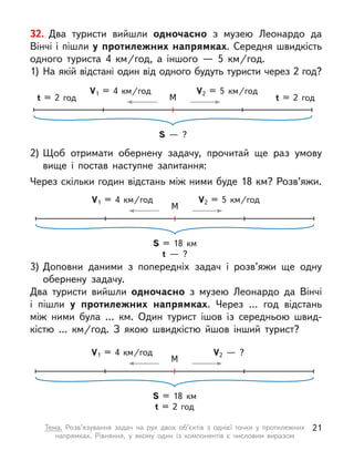 32. Два туристи вийшли одночасно з  музею Леонардо да
Вінчі і пішли у протилежних напрямках. Середня швидкість
одного туриста 4  км/год, а  іншого  — 5  км/год.
1)	На якій відстані один від одного будуть туристи через 2 год?
2)	Щоб отримати обернену задачу, прочитай ще раз умову
вище і  постав наступне запитання:
Через скільки годин відстань між ними буде 18 км? Розв’яжи.
3)	Доповни даними з попередніх задач і  розв’яжи ще одну
обернену задачу.
Два туристи вийшли одночасно з  музею Леонардо да Вінчі
і  пішли у  протилежних напрямках. Через … год відстань
між ними була … км. Один турист ішов із середньою швид-
кістю …  км/год. З якою швидкістю йшов інший турист?
S  — ?
V1 = 4  км/год V2 = 5  км/год
t = 2 год
М
t = 2 год
S = 18 км
t  — ?
V1 = 4  км/год V2 = 5  км/год
М
S = 18 км
t = 2 год
V1 = 4  км/год V2  — ?
М
21
Тема. Розв’язування задач на рух двох об’єктів з  однієї точки у  протилежних
напрямках. Рівняння, у  якому один із компонентів є  числовим виразом
 