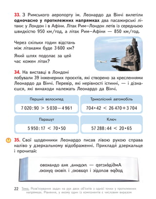 33. З  Римського аеропорту ім. Леонардо да Вінчі вилетіли
одночасно у  протилежних напрямках два пасажирські лі-
таки: у Лондон і в Афіни. Літак Рим–Лондон летів із середньою
швидкістю 950  км/год, а  літак Рим–Афіни  — 850  км/год.
Через скільки годин відстань
між літаками буде 3 600 км?
Який шлях подолає за цей
час кожен літак?
34. На виставці в  Лондоні
побували 39 інженерних проєктів, які створено за кресленнями
Леонардо да Вінчі. Перевір, які нерівності істинні,  — і  дізна-
єшся, які винаходи належать Леонардо да Вінчі.
Перший велосипед
7 020 : 90 > 5 030 – 4 961
Парашут
5 950 : 17 < 70 • 50
Триколісний автомобіль
704 • 42 < 26 470 + 3 704
Ключ
57 288 : 44 < 20 • 65
35. Свої щоденники Леонардо писав лівою рукою справа
наліво у  дзеркальному відображенні. Приклади́ дзеркальце
і  прочитай:
А
м
б
і
д
е
́
к
с
т
е
р
 
—
л
ю
д
и
н
а
,
я
к
а
о
д
н
а
к
о
в
о
д
о
б
р
е
в
о
л
о
д
і
є
і
 
п
р
а
в
о
ю
,
і
 
л
і
в
о
ю
р
у
к
о
ю
.
22 Тема. Розв’язування задач на рух двох об’єктів з  однієї точки у  протилежних
напрямках. Рівняння, у  якому один із компонентів є  числовим виразом
 