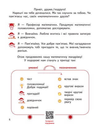 Привіт, друже/подруго!
Нарешті ми тебе дочекалися. Ми так скучили за тобою. Чи
пам'ятаєш нас, своїх «математичних» друзів?
Я  — Професор математики. Придумую математичні
головоломки, допомагаю досліджувати.
Я  — Вивчайко. Люблю вчитись і  всі правила записую
в  довідничок.
Я — Пам'ятайко. Усе добре пам'ятаю. Мої нагадування
допоможуть тобі пригадати те, що ти вивчив/вивчила
раніше.
Отож продовжимо нашу математичну мандрівку!
У подорожі нам стануть у  пригоді такі
тест
головоломка!
Добре подумай!
пригадай!
довідничок
порівняй
встав знак
кругові вирази
творчі кругові
вирази
перевір свою
увагу
позначення:
умовні
Інтернет-
підтримка
6
 