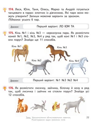174. Леся, Юля, Таня, Олесь, Марко та Андрій готуються
танцювати в  парах: хлопчик із дівчинкою. Які пари вони мо-
жуть утворити? Запиши можливі варіанти за зразком.
Підказка: усього 6 пар.
Зразок: Перший варіант: ЛО ЮМ ТА
175. Кінь №1 і  кінь №3  — нерозлучна пара. Як розмістити
коней №1, №2, №3, №4 у  ряд так, щоб коні №1 і  №3 сто-
яли поруч? Знайди ще 11 способів.
Зразок: Перший варіант: №1 №3 №2 №4
Кінь №1 Кінь №3
Кінь №3
Кінь №4
Кінь №4
Кінь №4
Кінь №2
176. Як розмістити лисичку, зайчика, білочку й  козу в  ряд
так, щоб лисичка і  зайчик не стояли поруч? Знайди усі
12  способів.
77
Тема. Удосконалення обчислювальних навичок.
Розв’язування задач вивчених типів
 