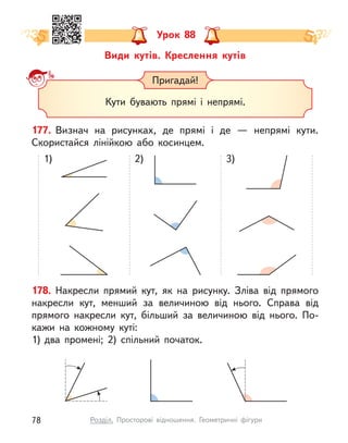 Види кутів. Креслення кутів
Урок 88
Пригадай!
Кути бувають прямі і  непрямі.
177. Визнач на рисунках, де прямі і  де  — непрямі кути.
Скористайся лінійкою або косинцем.
1) 2) 3)
178. Накресли прямий кут, як на рисунку. Зліва від прямого
накресли кут, менший за величиною від нього. Справа від
прямого накресли кут, більший за величиною від нього. По-
кажи на кожному куті:
1)	два промені; 2) спільний початок.
78 Розділ. Просторові відношення. Геометричні фігури
 