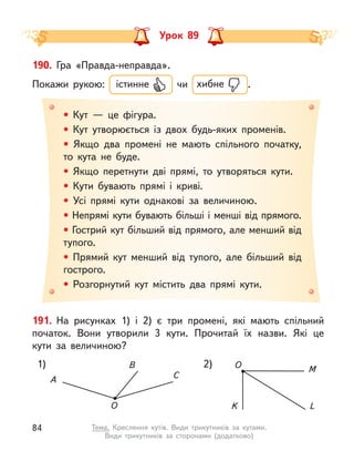Урок 89
• Кут  — це фігура.
• Кут утворюється із двох будь-яких променів.
• Якщо два промені не мають спільного початку,
то кута не буде.
• Якщо перетнути дві прямі, то утворяться кути.
• Кути бувають прямі і  криві.
• Усі прямі кути однакові за величиною.
• Непрямі кути бувають більші і менші від прямого.
• Гострий кут більший від прямого, але менший від
тупого.
• Прямий кут менший від тупого, але більший від
гострого.
• Розгорнутий кут містить два прямі кути.
190. Гра «Правда-неправда».
Покажи рукою: істинне чи хибне .
191. На рисунках 1) і  2) є  три промені, які мають спільний
початок. Вони утворили 3 кути. Прочитай їх назви. Які це
кути за величиною?
1) 2)
A
B
C
O L
K
M
O
84 Тема. Креслення кутів. Види трикутників за кутами.
Види трикутників за сторонами (додатково)
 