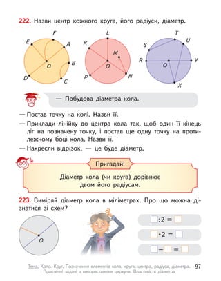 O
D
E A
F
B
C
O
P
K
L
N
M
O
R
S
T
U
V
X
—	
Постав точку на колі. Назви її.
—	
Приклади лінійку до центра кола так, щоб один її кінець
ліг на позначену точку, і  постав ще одну точку на проти-
лежному боці кола. Назви її.
—	
Накресли відрізок,  — це буде діаметр.
— Побудова діаметра кола.
222. Назви центр кожного круга, його радіуси, діаметр.
Пригадай!
Діаметр кола (чи круга) дорівнює
двом його радіусам.
223. Виміряй діаметр кола в  міліметрах. Про що можна ді-
знатися зі схем?
O
 : 2 =
 • 2 =
 –  =
97
Тема. Коло. Круг. Позначення елементів кола, круга: центра, радіуса, діаметра.
Практичні задачі з  використанням циркуля. Властивість діаметра
 