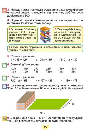 15
3. Наведи кілька прикладів додавання двох трицифрових
чисел, усі цифри яких відмінні від нуля, так, щоб їхня сума
дорівнювала 800.
4. Порівняй задачі з різними умовами, але однаковим за-
питанням. Розв’яжи кожну задачу.
1. У шкільну бібліотеку
завезли 218 підруч-
ників з математики. А
підручників з мови – на
29 більше.
2. У шкільну бібліотеку
завезли 218 підручни-
ків з математики, що
на 29 більше, ніж під-
ручників з мови.
Скільки всього підручників з математики й мови завезли
у шкільну бібліотеку?
5. Розв’яжи рівняння.
x + 318 = 427
x x – 348 = 197 542 –
x x = 189
x
6. Виконай дії письмово.
998
 73
479
50
52
58
214
396
450
147
405
194
7. Розв’яжи рівняння.
729 – x = 158
x x + 127 = 435
x x – 139 = 478
x
8. Шкільна ділянка має форму прямокутника з розмірами
30 м і 20 м. Чи вистачить 90 м паркану, щоб її обгородити?
30 м
20 м
9. У виразі 300 + 500 – 400 + 100 постав одну пару дужок
так, щоб результатом обчислення було число 300.
– – + + – –
 