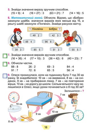 18
5. Знайди значення виразу зручним способом.
(15 + 9) : 4 (18 + 27) : 3 (63 + 21) : 7 (14 + 16) : 5
6. Математичний хокей. Обчисли. Відомо, що «Бобри»
закинули шайби, значення виразів яких менше від 15, а
решту шайб закинули «Пінгвіни». Знайди рахунок матчу.
Ï³íãâ³íè Áîáðè
39 : 3 85 : 5 51 : 3
48 : 2 42 : 3
55 : 5
48 : 4 96 : 8
? ?
7. Знайди значення виразів зручним способом.
(16 + 36) : 4 (17 + 10) : 3 (36 + 42) : 6 (40 + 23) : 7
8. Обчисли частки.
88 : 8 26 : 2 69 : 3 84 : 4
91 : 7 72 : 6 65 : 5 56 : 4
9. Олеся прокинулася, коли на годиннику було 7 год 30 хв
ранку. Їй знадобилося: 10 хв – на вмивання, 8 хв – на сні-
данок, 9 хв – на прибирання ліжка, 7 хв – на повторення
вірша, 10 хв – на дорогу до школи. Скільки вільного часу за-
лишилися в Олесі, якщо уроки починаються о 8 год 30 хв?
10 хв
8 хв
9 хв
7 хв
10 хв
Залишилося – ?
 