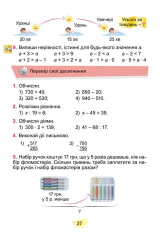 27
20 хв 15 хв 25 хв
Уранці
Увечері Усього за
д
тиждень – ?
Удень
9. Випиши нерівності, істинні для будь-якого значення a.
a + 3 > a a + 3 > 9 a – 2 < a a – 2 < 7
a + 2 > a – 1 a + 3 > 2 + a a ∙ 1 > a ∙ 0 a ∙ 5 > a ∙ 4
Перевір свої досягнення
1. Обчисли.
1) 730 + 40; 2) 850 – 20;
3) 320 + 530; 4) 940 – 510.
2. Розв’яжи рівняння.
1) x : 19 = 6; 2)
x x – 45 = 39.
x
3. Обчисли діями.
1) 300 ∙ 2 + 139; 2) 41 – 68 : 17.
4. Виконай дії письмово.
1) 517
265
2) 793
156
5. Набір ручок коштує 17 грн, що у 5 разів дешевше, ніж на-
бір фломастерів. Скільки гривень треба заплатити за на-
бір ручок і набір фломастерів разом?
17 грн,
у 5 р. менше
?
+ –
 