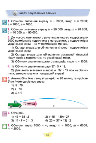 43
Задачі з буквеними даними
1. Обчисли значення виразу a + 3000, якщо a = 2000;
a = 7000; a = 1000.
2. Обчисли значення виразу b – 20 000, якщо b = 70 000;
b = 40 000; b = 90 000.
3. До нового навчального року видавництво надрукувало
5000 примірників підручника з математики, а підручників з
української мови – на m примірників менше.
1) Склади вираз для обчислення кількості підручників з
української мови.
2) Склади вираз для обчислення загальної кількості
підручників з математики та української мови.
3) Обчисли значення кожного з виразів, якщо m = 1000.
4. 1) Обчисли значення виразу 37 ∙ 5 + 19.
2) Для якого значення a вираз a ∙ 37 + 19 можна обчис-
лити, використовуючи попередній вираз?
5. Автомобіль їхав t год зі швидкістю 70 км/год та проїхав
t
S км. Чому дорівнює вираз:
S
1) S : 70;
S
2) t ∙ 70;
t
3) S :
S t?
S
70 км/год
t
6. Обчисли.
1) 43 + 38 : 2 2) (145 – 139) ∙ 27
3) 14 ∙ 7 + 51 : 3 4) 23 + (17 + 13) ∙ 2
7. Обчисли вираз 7000 – m, якщо m = 1000; m = 6000;
m = 2000.
 